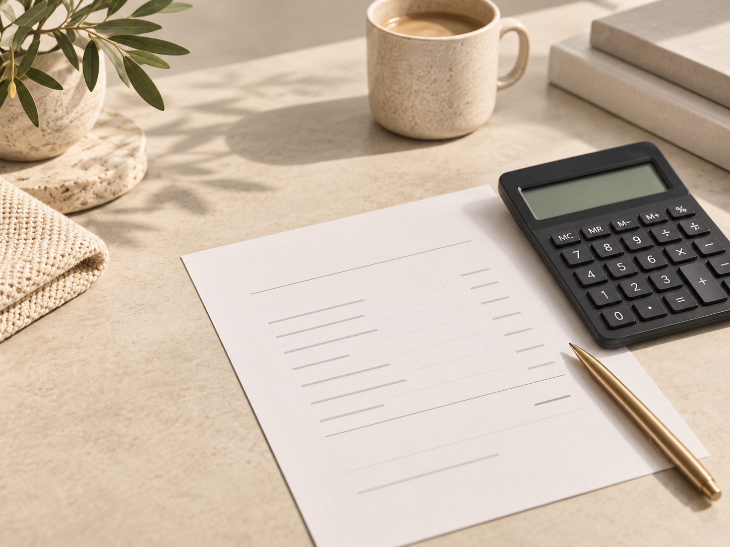 Calculadora, documento de costes y bolígrafo sobre una mesa de trabajo