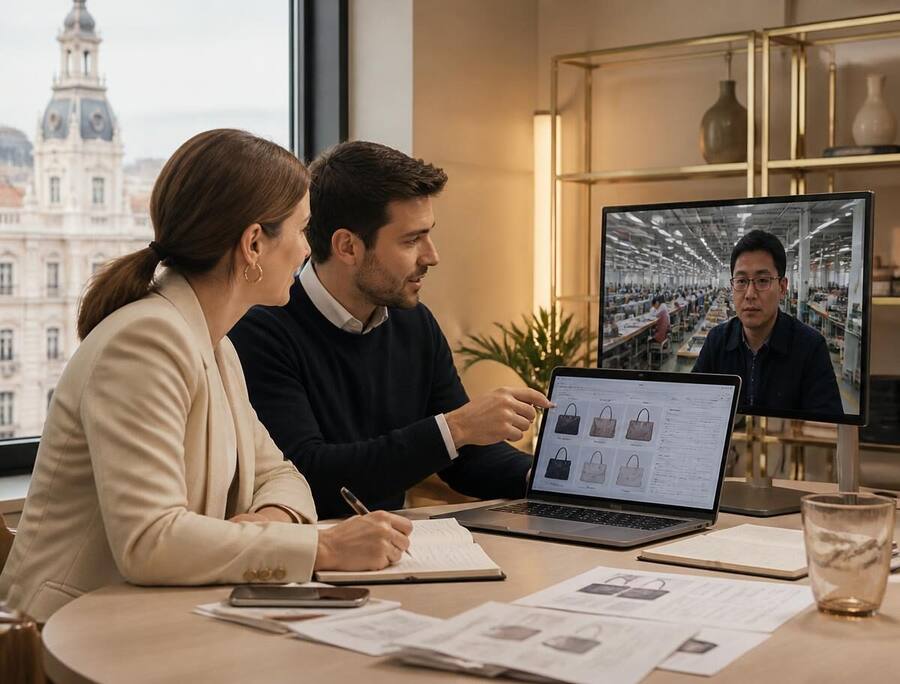 Equipo de EC HolaHome revisando informes de producción con un cliente y en videollamada con la fábrica en China